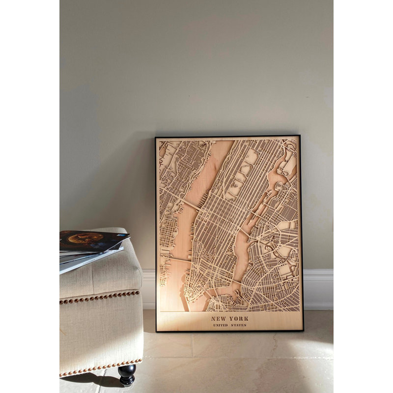 New York City 3D Map Wood Wall Art in Metal Frame-Large 23.5"x31.5"