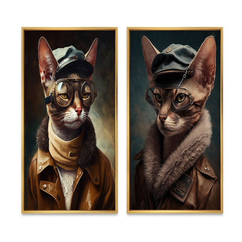 «Chat portant des vêtements», 2 pièces sur toile, Encadrement doré, H 32 po x l 32 po