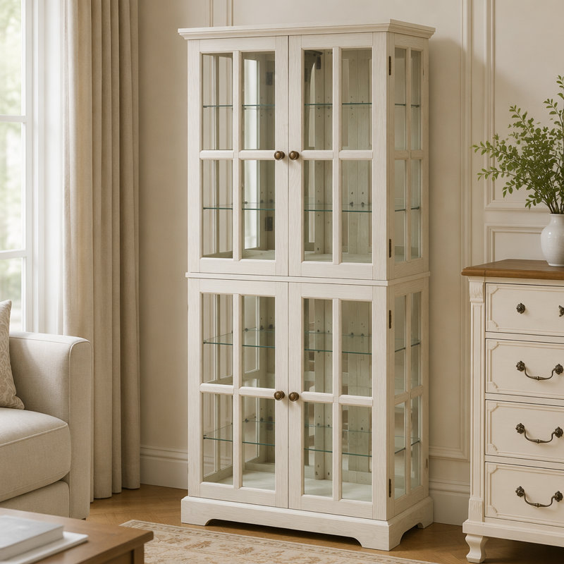 Vitrine exquise avec quatre portes en verre et tablettes réglables, idéale pour mettre en valeur des objets de collection