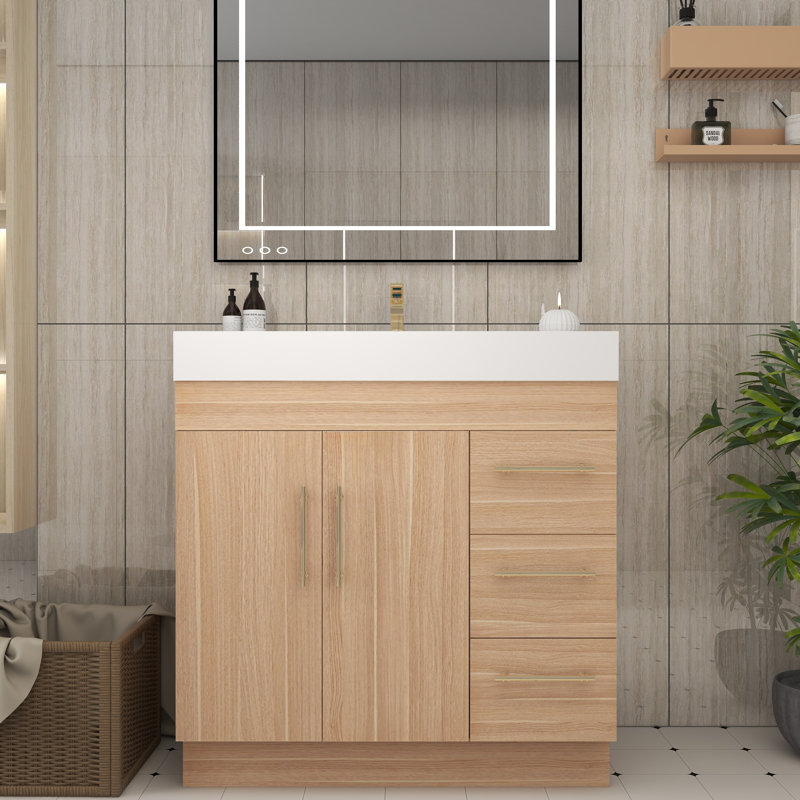 Ensemble de meuble-lavabo simple 36 po avec tiroirs et portes, Chêne champagne