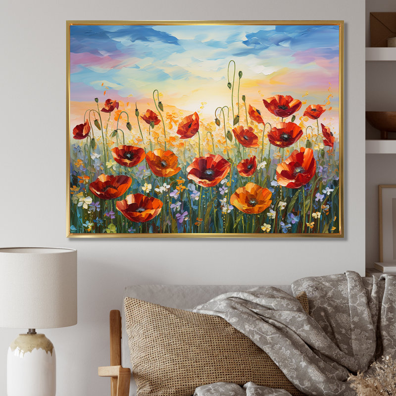 Coquelicots rouges en fleurs - impression, White Picture Framed, 16" H x 32" W