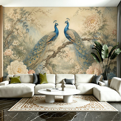 Peel and Stick Wallpaper 100" L x 144" W Modern Self Adhesive Wall Mural for Bedroom - With Elegant Blue Peacocks Floral Branch Vintage Pastel Tones P