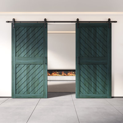 Homacer Royal Pine Unassembled & Finished Slanted Stripe Design Two Barn Door with Non-Bypass Installation Hardware Kit, interior use only