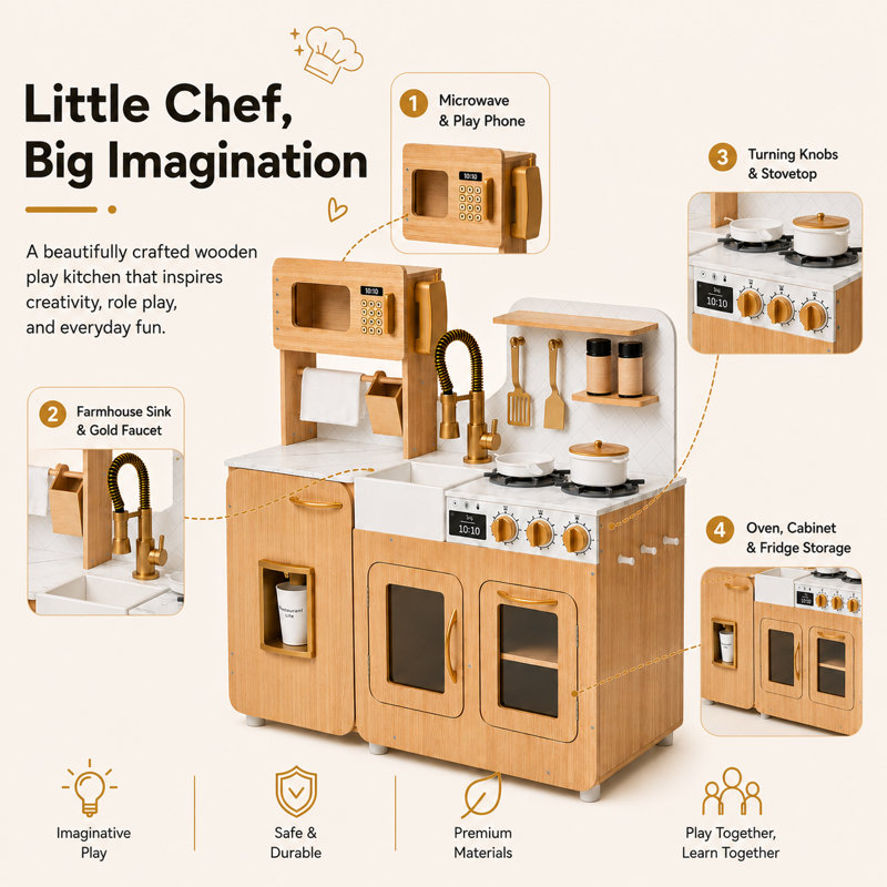 Teamson Kids Little Chef Cyprus Wooden Play Kitchen Set with 14 Accessories, Faux Marble Backsplash, and Gold Accents