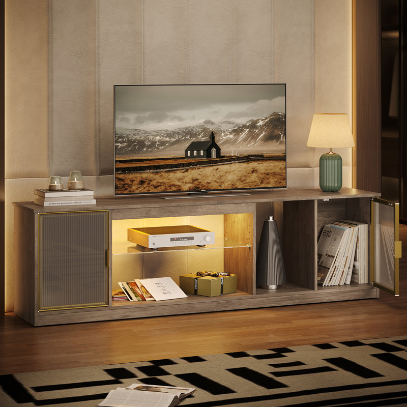 70" Modern Tv Stand For Tvs Up To 80 Inch With Led, Adjustable Shelf & Translucent Doors, Grey