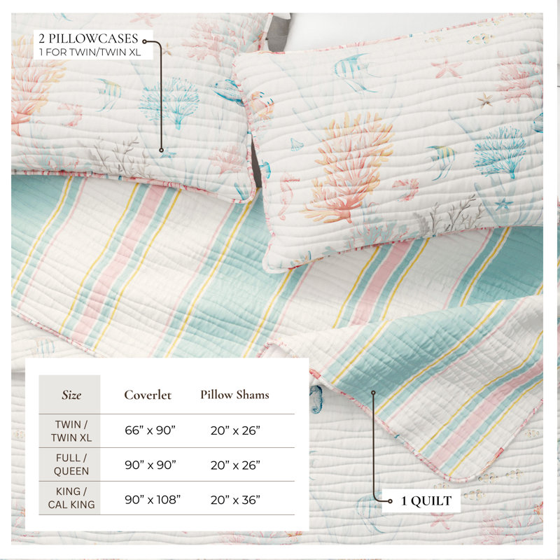 Pink / Blue Coastal Coral Reversible Quilt Set with Shams, Full/Queen Quilt + 2 Shams