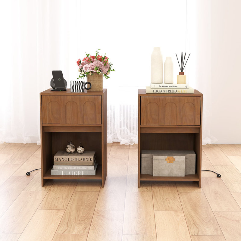 Ensemble de 2 tables de bout carrées de 15,7 po de largeur avec station de charge, tables d'appoint de style moderne Mid-Century avec tiroirs et rangement pour petits espaces