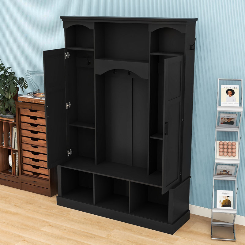 Hall Tree with Bench, Adjustable Shelves, 7 Hooks and Shoe Cabinet, Black