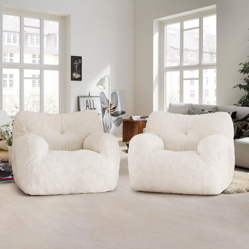 Compression Medium Teddy Fabric Bean Bag Chair (Set of 2), Ivory Teddy