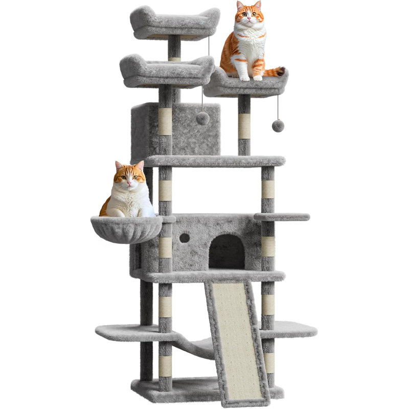 Grand arbre à chat 68,5 po, tour à chat robuste avec condo, perchoirs moelleux, poteaux à griffer en sisal, hamacs, panier, boule pendante