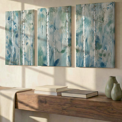 3 Pieces Exculisive Misty Aqua Birch Forest Landscape Large Wall Art Serene Panorama, Modern Canvas Decor for Living Room, Bedroom, Office and Home