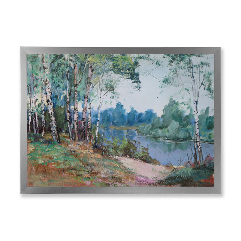 «Landscape Birch Forest River», reproduction d'art sur toile traditionnelle, H 8 po x l 12 po x P 1 po, Cadre photo argenté