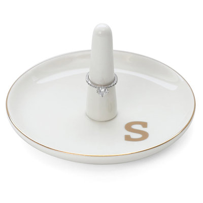 Initials Ring Holder Jewery Tray With Personalized S-Monogrammed Engagement Gifts For Friends,Birthday Mother's Day Christmas Gifts For Women,Ceramic White