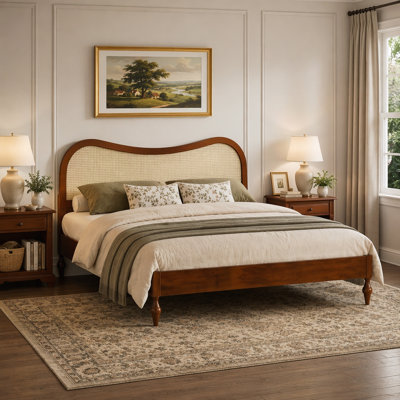 Platform Bed with Curved Rattan Cane Headboard
