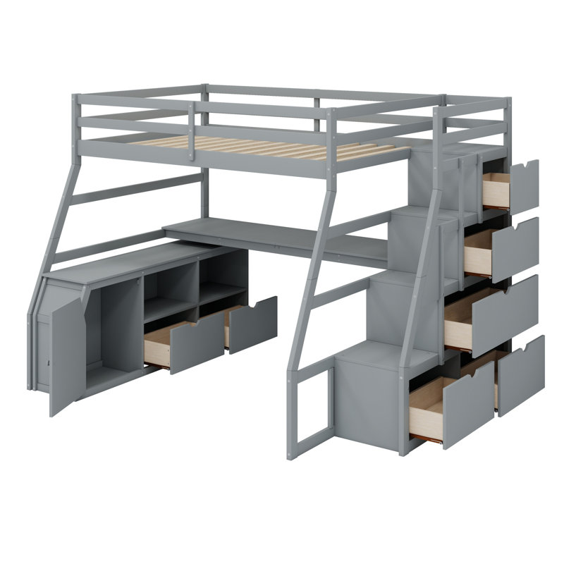 Lit mezzanine avec 7 tiroirs, 2 tablettes et un bureau, Gris