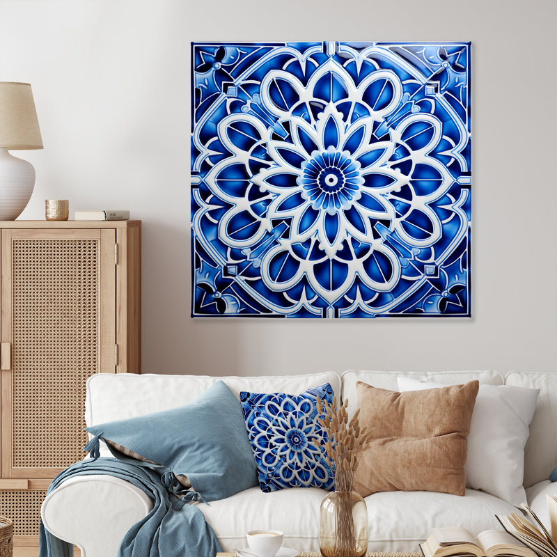 White And Blue Moroccan Tiles  - Geometric Metal Wall Art, 16" H x 16" W