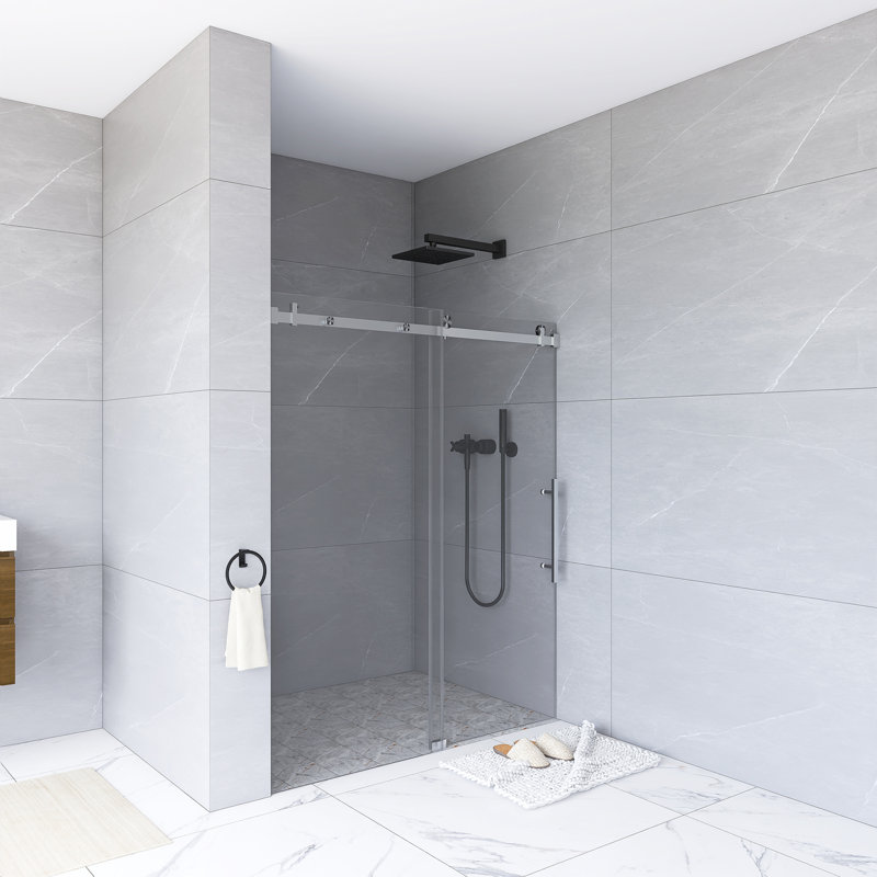 76" Frameless Clear Glass Sliding Shower Door with Brushed Nickel Hardware