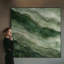Très grand art mural imprimé sur tissu - Vague de marbre vert abstrait, décor de chambre à coucher contemporain - "Assemblage requis (cadre non fini)"-130842324