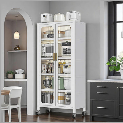 Armoire de rangement pour garde-manger 65 po, armoire de rangement en métal à 6 niveaux avec porte transparente, tablettes et roulettes réglables, garde-manger