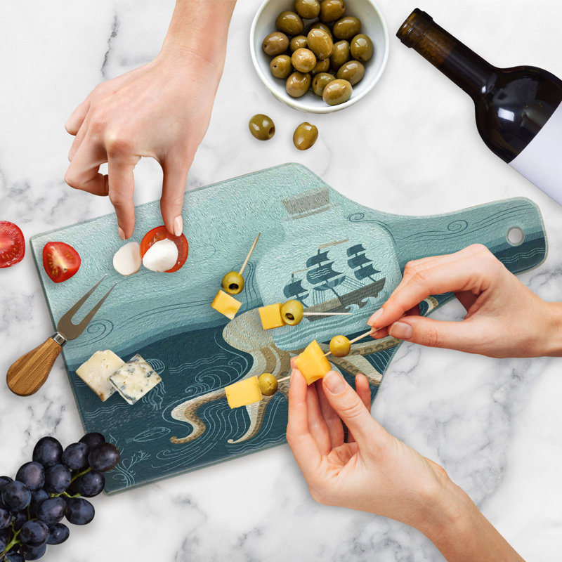 Ambesonne Octopus Ship Tempered Glass Cutting Board Pirate Ship in Bottle Slate Blue Pale Peach
