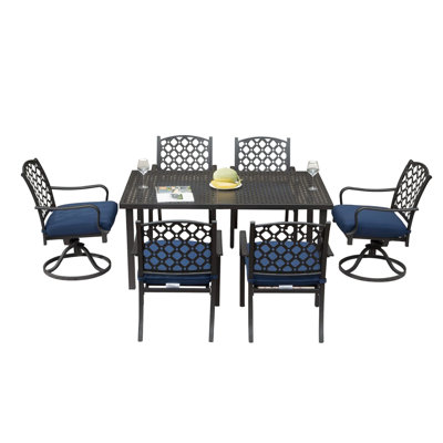 Mobilier de patio extérieur 7 pièces, chaises et table en métal, coussins bleu marine, pour les cours, pelouse de jardin en fer stable et amovible