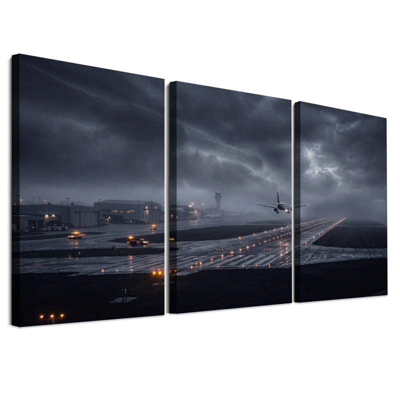 Ensemble de 3 toiles murales représentant un avion sur la piste avec des feux orange dans le noir, 18"H x 12"W x 3pcs
