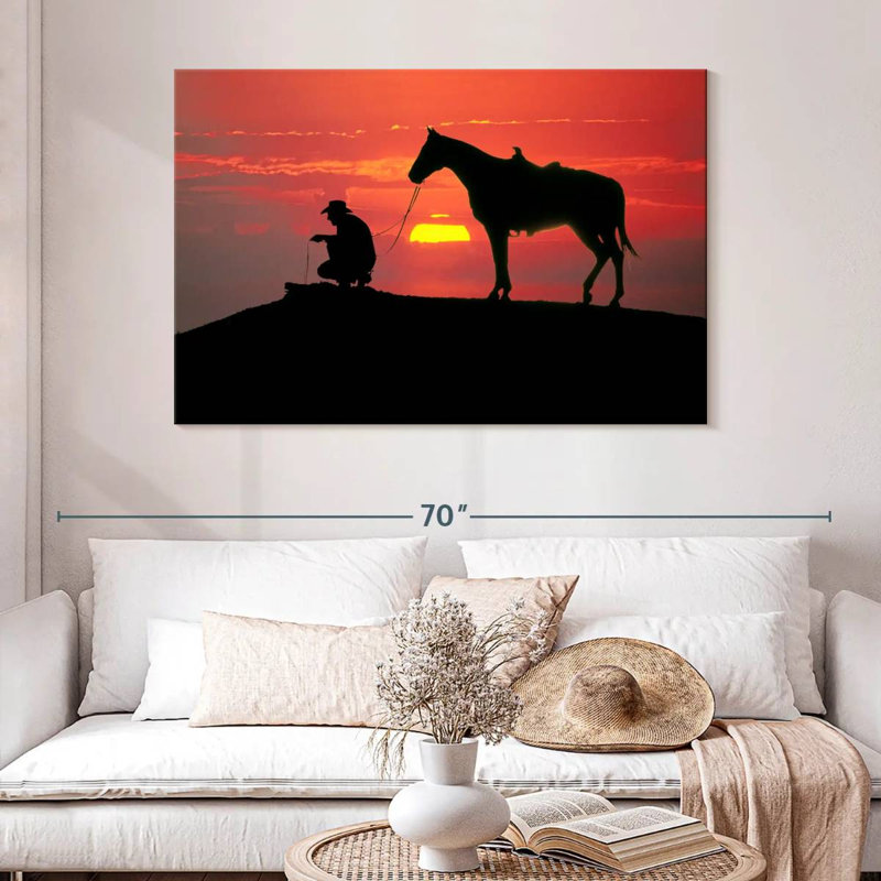 Cowboy du Texas au coucher du soleil, H 32 po x l 48 po