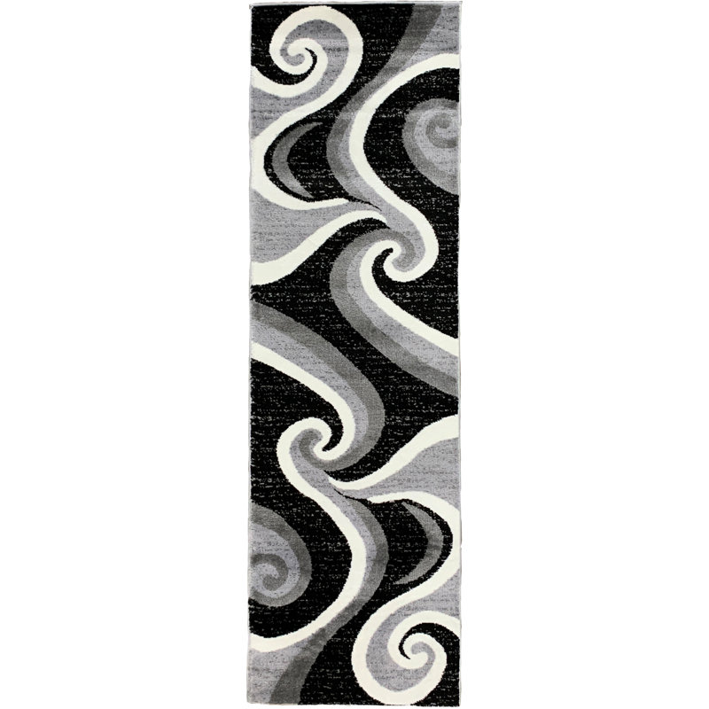 Tapis abstrait gris / noir tissé à la machine, Tapis de couloir 3 pi x 8 pi