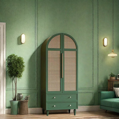 Fresh Green Colored Rattan Wardrobe