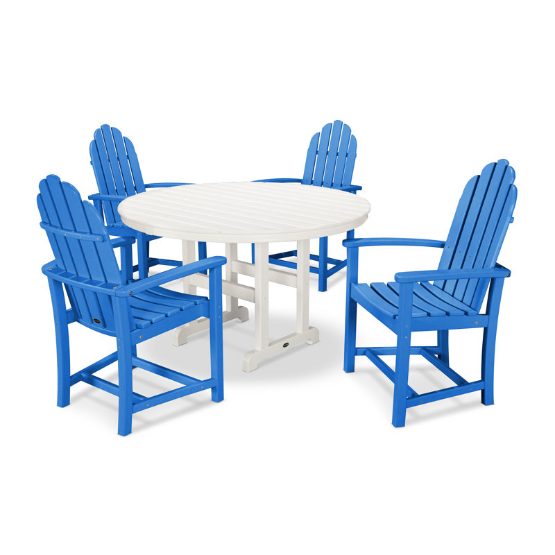 POLYWOOD Classic Adirondack 5-Piece Round Farmhouse Dining Set, Pacific Blue/White