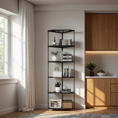 Étagère de coin en métal à 6 niveaux Tablettes pentagonales en métal Étagère de rangement en métal robuste et réglable pour la salle de bain, le salon et la cuisine