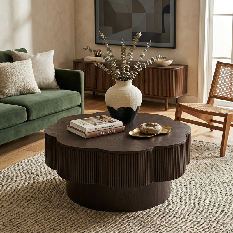Table basse 31,5 pouces moderne en forme de fleur avec rangement, placage de bois, brun foncé, Marron foncé