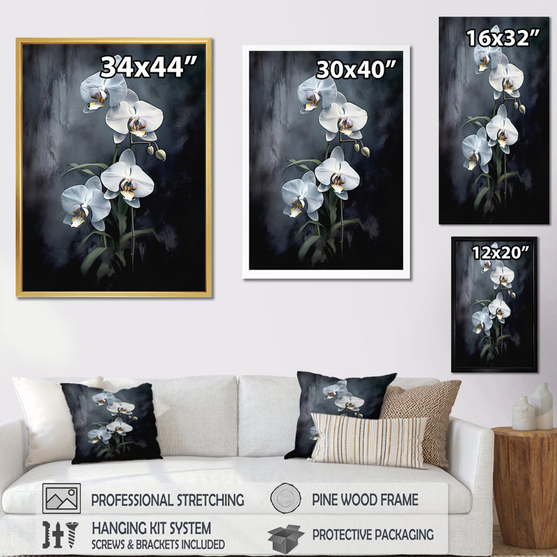 Orchidées exotiques blanches et blanches I sur toile, Cadre photo noir simple, H 32 po x l 24 po x P 1 po