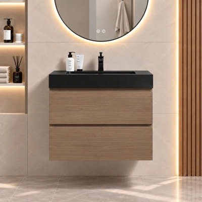 Meuble-lavabo suspendu moderne de 76 cm (30 pouces) en noyer brun avec lavabo intégré noir et 2 tiroirs de rangement, fixé au mur et entièrement assemblé.