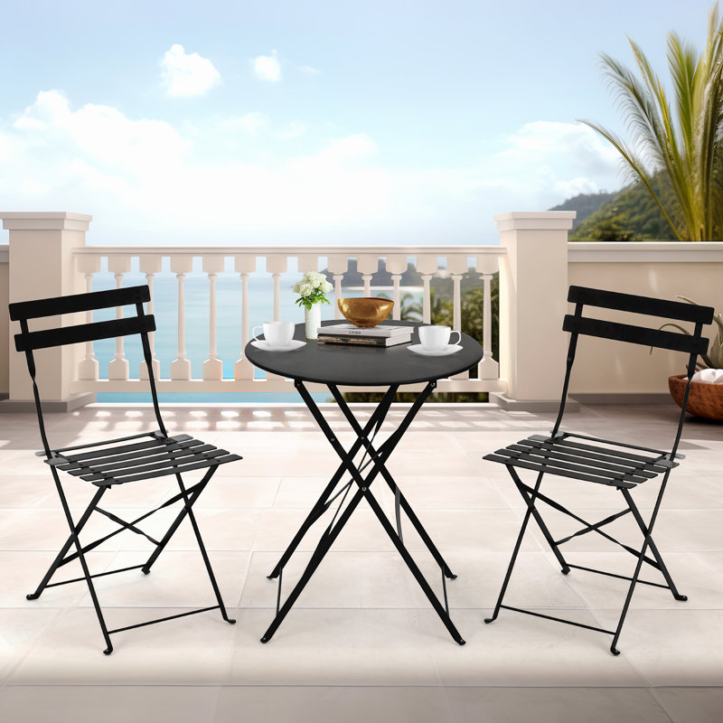 Anshu Iron Table And Folding Chair Set, 2 - Person Round Outdoor Dining Set, Black