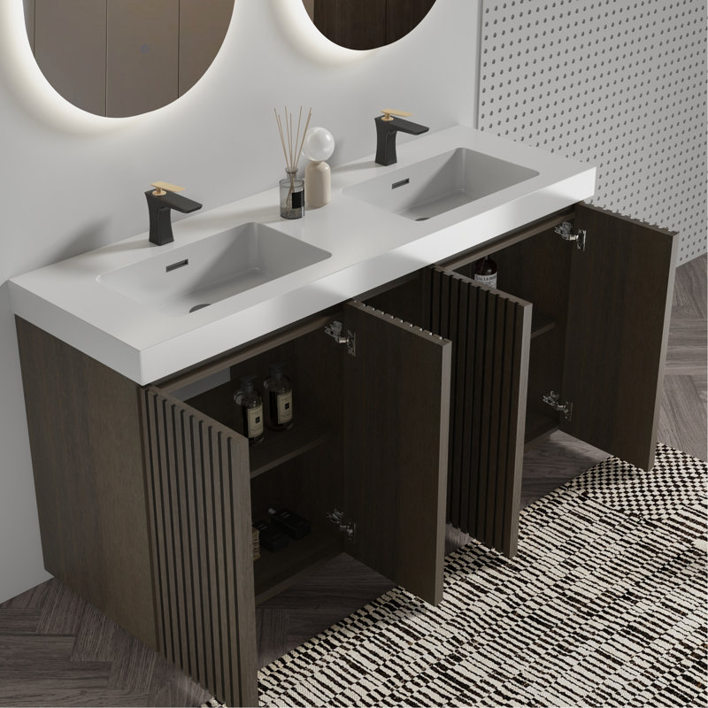 Chêne fumé, meuble-lavabo, lavabo double, surface à eau, lattes de bois, armoire à double porte avec rangement intelligent, rangement spacieux, charnières à fermeture en douceur, design moderne