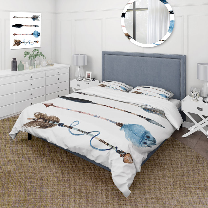 Ensemble de housse de couette bohémien plumes et fleurs sur flèches amérindiennes IV - Polyester en microfibre