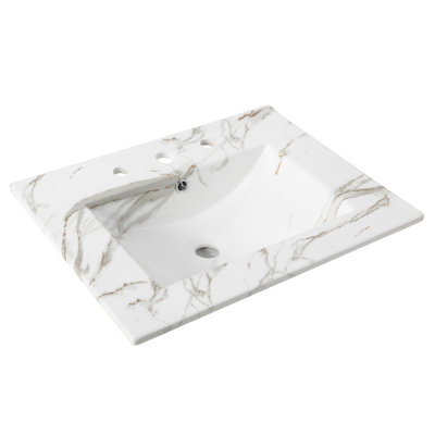 Plateau de meuble-lavabo à simple cuve rectangulaire contemporain en céramique à 3 trous 24 po Ancillary