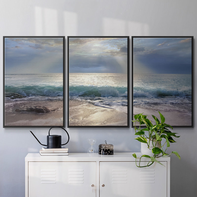 «Aqua Blue Morning», peinture sur toile 3 pièces, H 36 po x l 75 po, Cadre noir