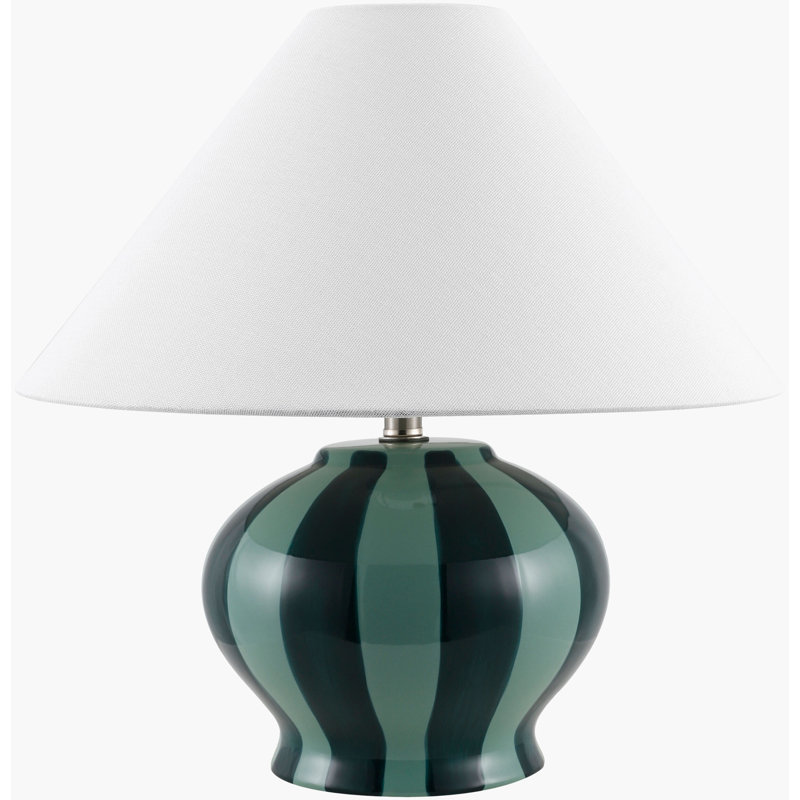 Lampe de table en céramique avec abat-jour cloche en lin, Vert foncé / Noir