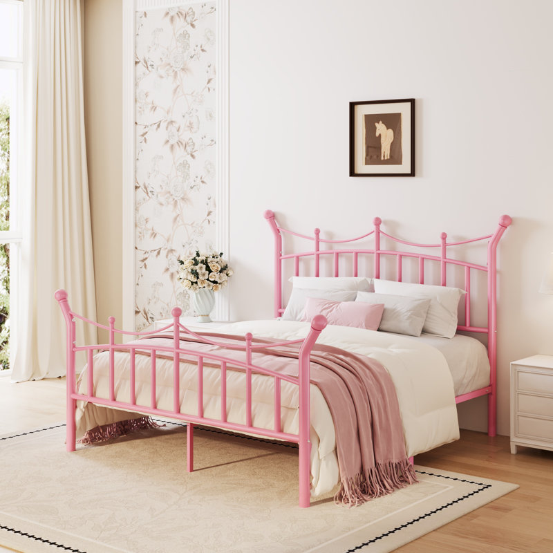Lit plateforme en métal en forme de couronne de style rétro d'adolescentes de rêve, aucun sommier nécessaire, Lit double