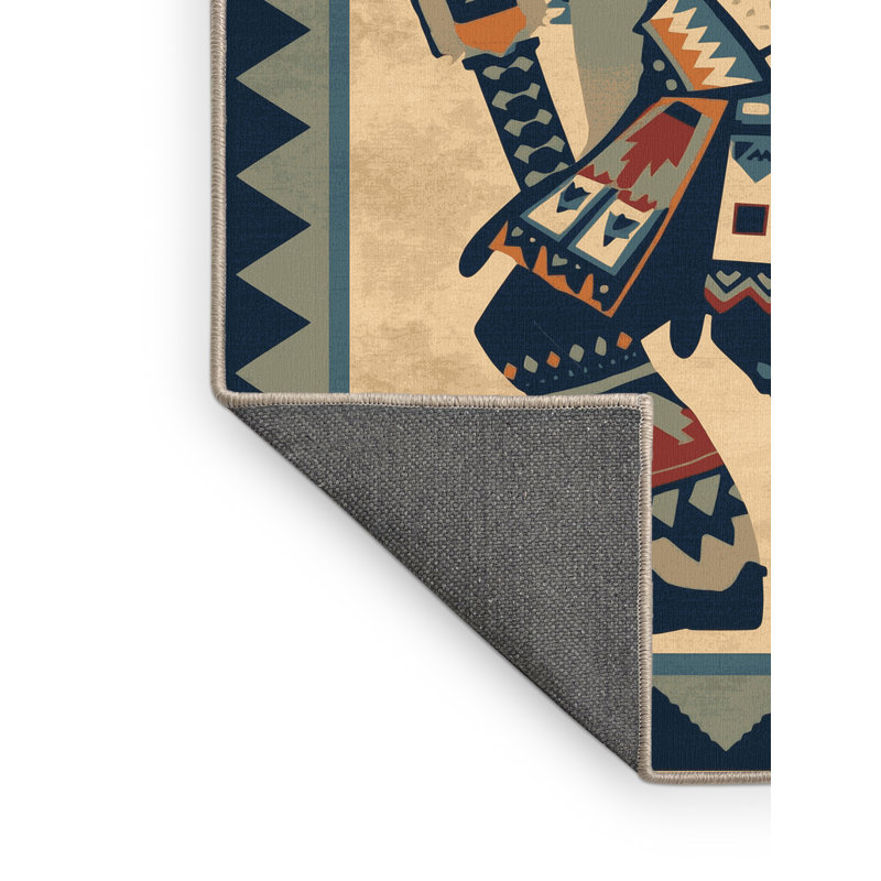 Soft Plush Duran Hopi Kachina Warrior Global Inspired Block Print Area Rug in Brown – Beige Binding, 2x3