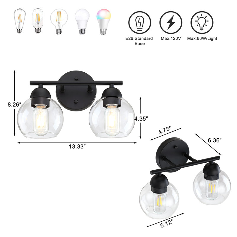 Éclairage pour salle de bain 2 lumières à abat-jour sphérique en verre Daryll, Transparent, Noir mat, Deux lumières