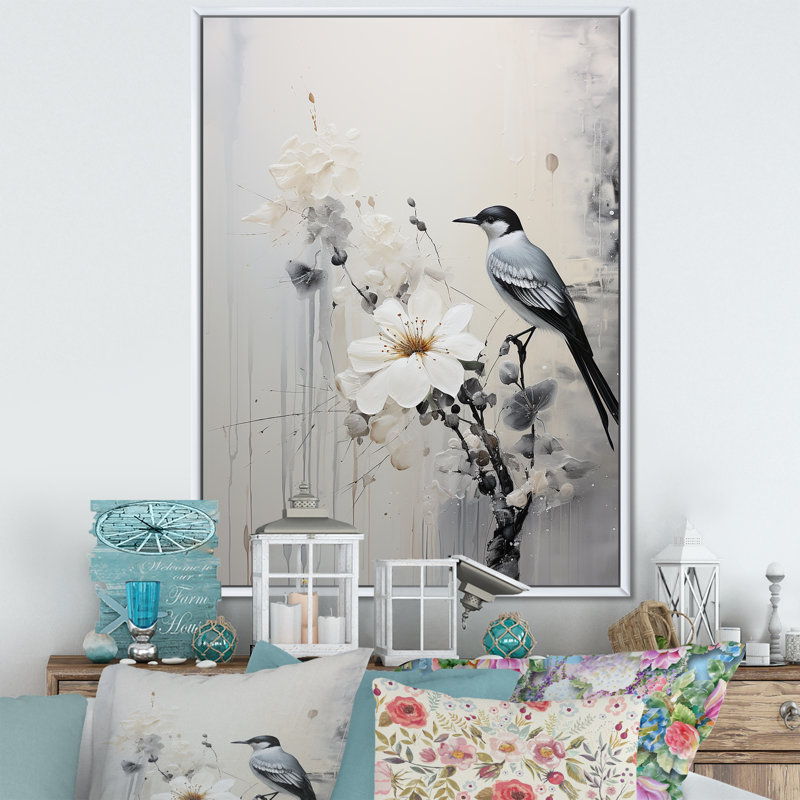 Minimalisme, oiseaux du paradis V sur toile, Cadre flottant blanc, H 20 po x l 12 po x P 1 po