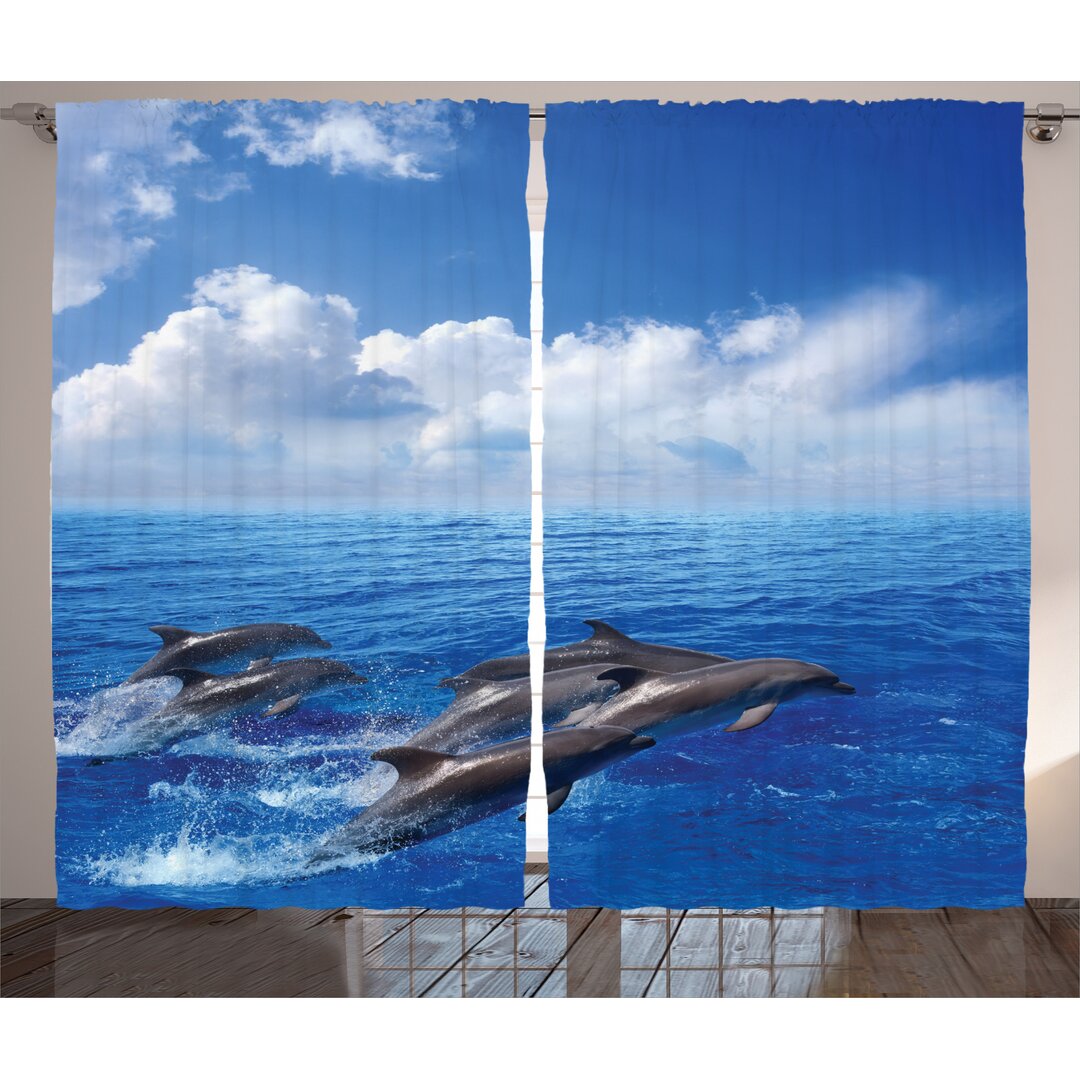 Rustikaler Vorhang, Jumping Dolphins in Sky, Ozean, Blau Weiss