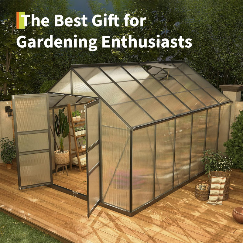 Serres 8 x 12 pour l'extérieur, serre en polycarbonate avec protection contre les rayons UV, serre robuste avec cadre en aluminium coupe-vent, évent de toit et conception à installation rapide pour la cour ou le jardin