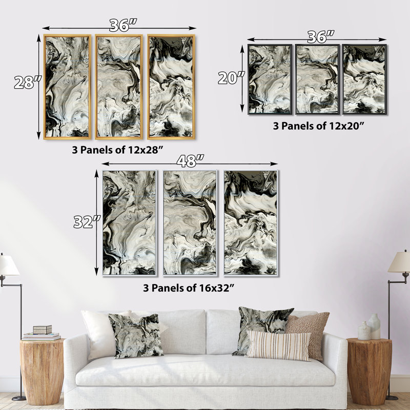 Blanc, gris et blanc, marbre peint à la main en acrylique de style viii - ensemble d'art moderne sur toile encadrée moderne de 3