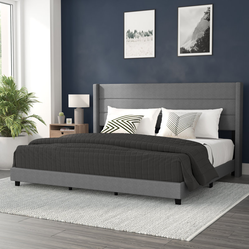 Upholstered Platform Bed with Wingback Headboard, Mattress Foundation with Slatted Supports, King, Gray