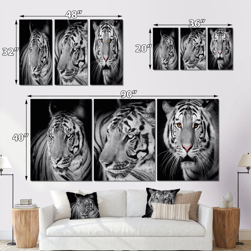 Portrait monochrome d'un tigre blanc VI - ensemble d'art traditionnel de 3 pièces, H 32 po x l 48 po x P 1 po
