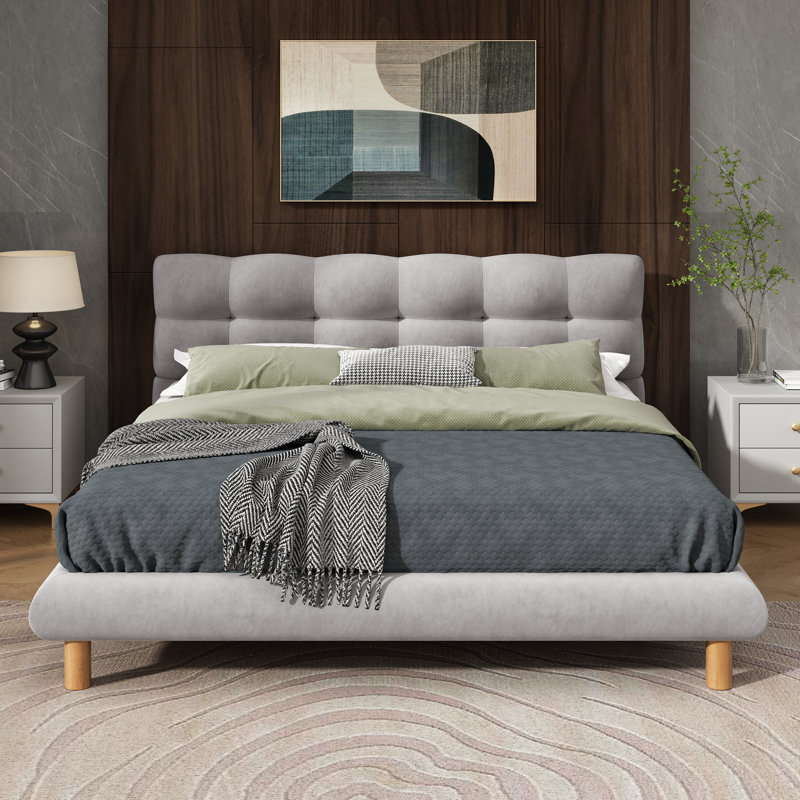 Lit plateforme double rembourré pleine grandeur avec tête de lit en forme de biscuit, gris, doux et confortable, Double